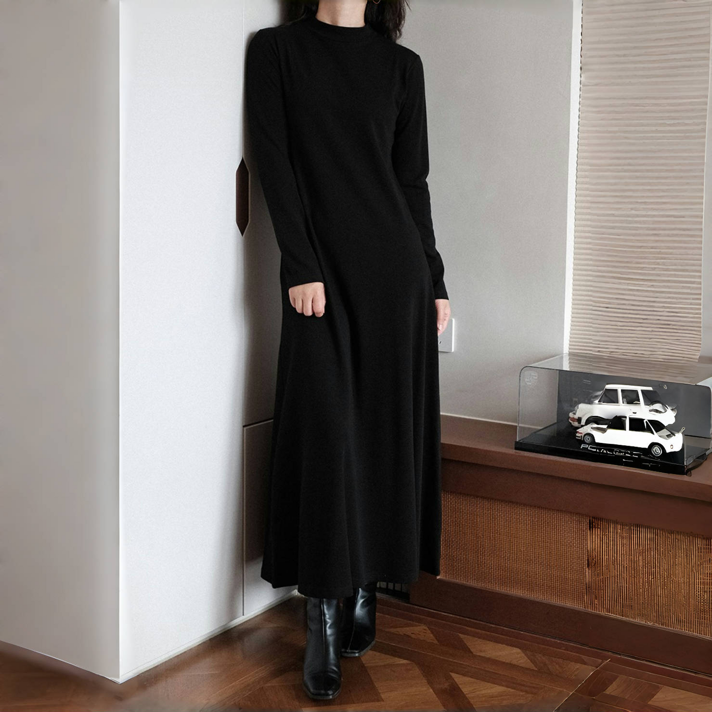 【ワンピース】春秋冬 合わせやすい シンプル ハイネック 長袖 ワンピース 【SNシリーズ】
