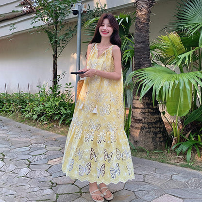 【ワンピース】イエロー蝶刺繍カットワークワンピース レディース 夏新作 ノースリーブ リゾート マキシ丈 体型カバー おしゃれ【SHシリーズ】