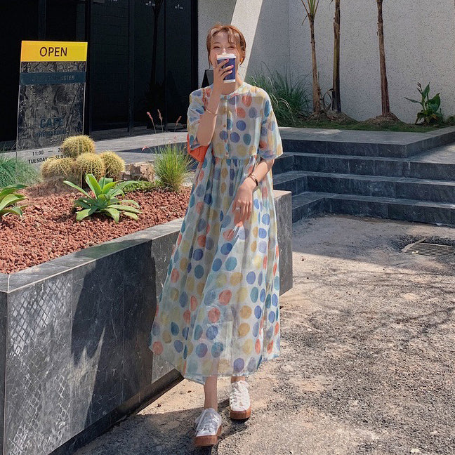 【ワンピース】【10～15日内発送】夏新作 やや透け感 ゆったりシルエット 体型カバー 冷淡系ドット柄 半袖ワンピース【SHシリーズ】