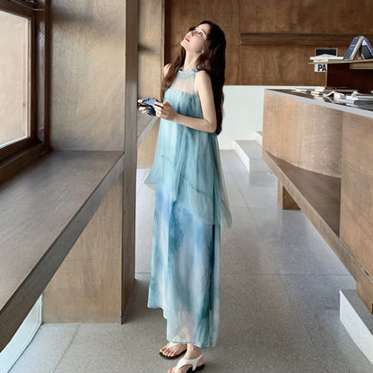 【ワンピース】夏  フレンチ風 タイダイ柄 森系 メッシュパッチワーク ノースリーブワンピース【SHシリーズ】