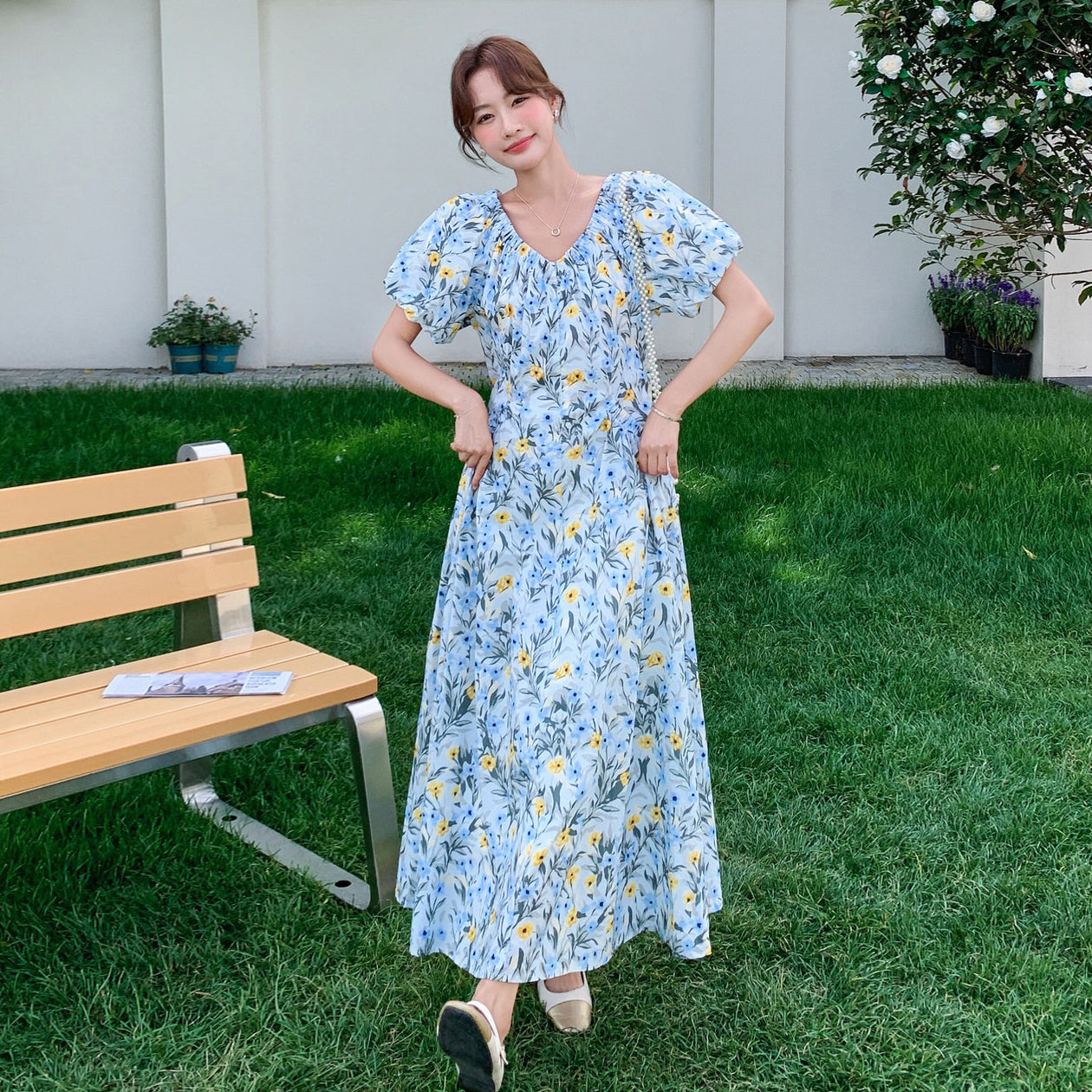 【ワンピース】花柄ワンピース レディース ブルー Vネック パフスリーブ 半袖 ナチュラル フレアシルエット ロング丈 夏新作【SHシリーズ】