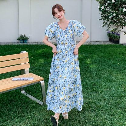 【ワンピース】花柄ワンピース レディース ブルー Vネック パフスリーブ 半袖 ナチュラル フレアシルエット ロング丈 夏新作【SHシリーズ】