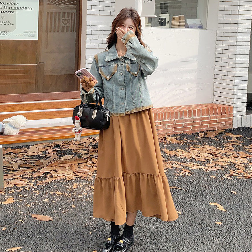 【セットアップ】初秋 韓国風コーデ レトロ デニム ジャケット＋ノースリーブワンピース 細見え 2点セット【JZシリーズ】