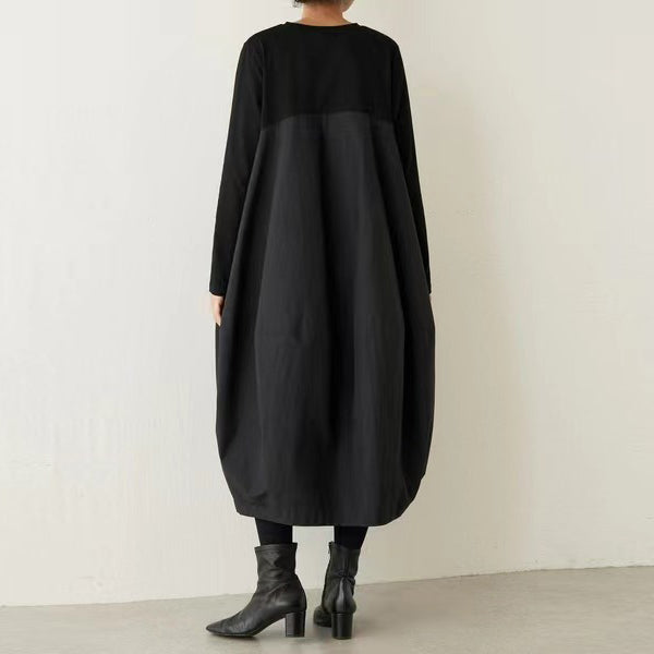 【24AW】【ワンピース】ラウンドネック 長袖 ニット パッチワーク ロング 長袖ワンピース