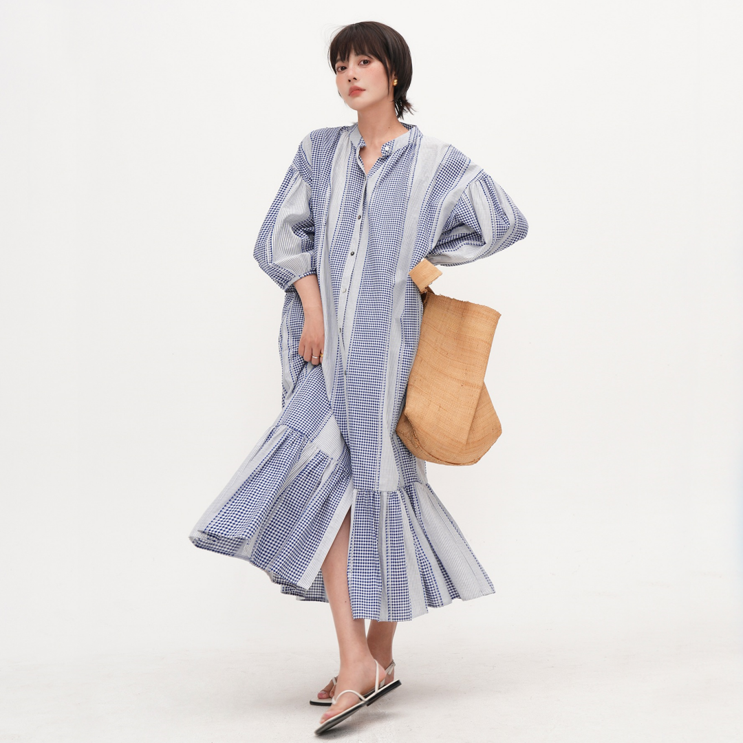 【ワンピース】【15～18日内発送】夏 ブルーストライプ Aライン ティードレス 半袖 ワンピース 【JZシリーズ】