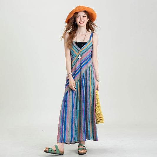 【ワンピース】ブルーストライプ キャミワンピース レディース 夏 リネン風 旅行 リゾート ノースリーブ ロングワンピ ゆったり【SHシリーズ】