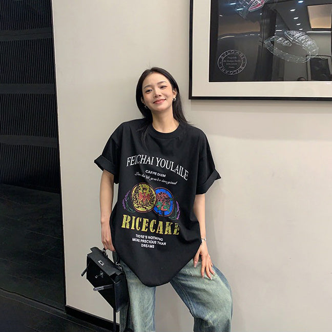【トップス】デザイン感 カートゥーングラフィックTシャツ 薄手 半袖 オーバーサイズ ルーズシルエット 個性派カジュアル【FCシリーズ】