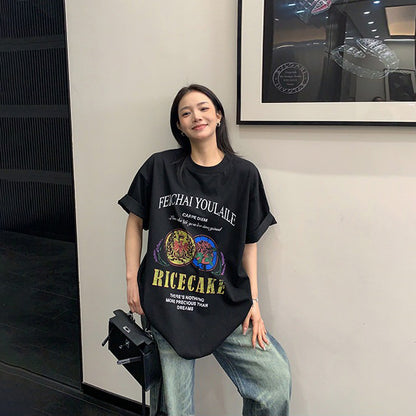 【トップス】デザイン感 カートゥーングラフィックTシャツ 薄手 半袖 オーバーサイズ ルーズシルエット 個性派カジュアル【FCシリーズ】