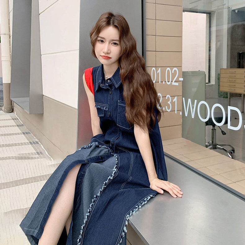 【ワンピース】フェイクレイヤードデニムノースリーブワンピース レディース 夏新作 韓国風 おしゃれロングドレス【JZシリーズ】