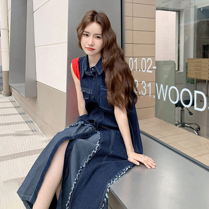 【ワンピース】フェイクレイヤードデニムノースリーブワンピース レディース 夏新作 韓国風 おしゃれロングドレス【JZシリーズ】