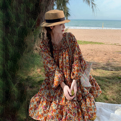 【ワンピース】ボヘミアン風 ファッション ビーチ 日焼け防止 フラワープリント 長袖ワンピース【SHシリーズ】