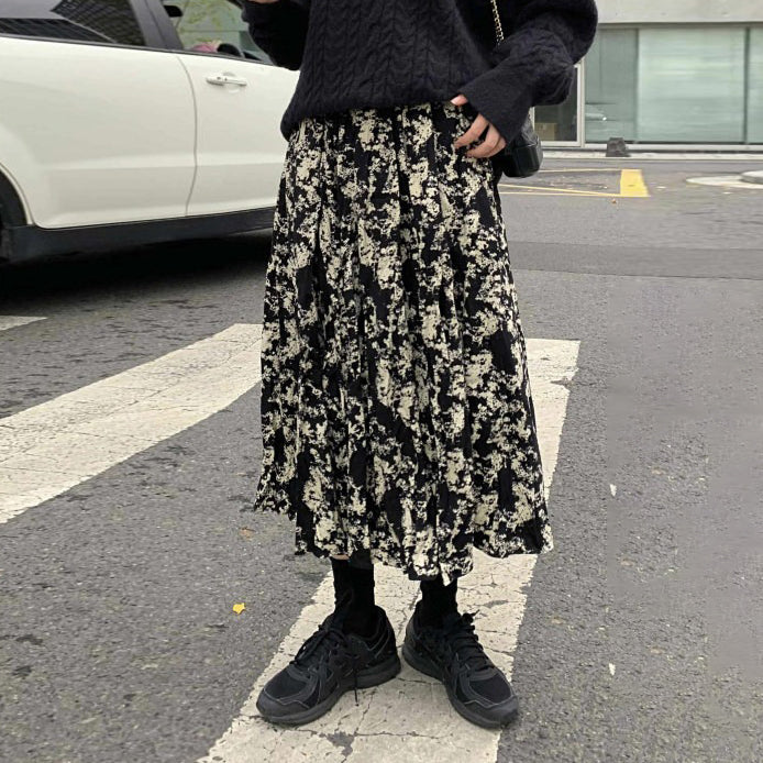 【ボトムス】ブラック花柄 ロングスカート 秋冬 ハイウエスト 体型カバー 小众デザイン【SHシリーズ】