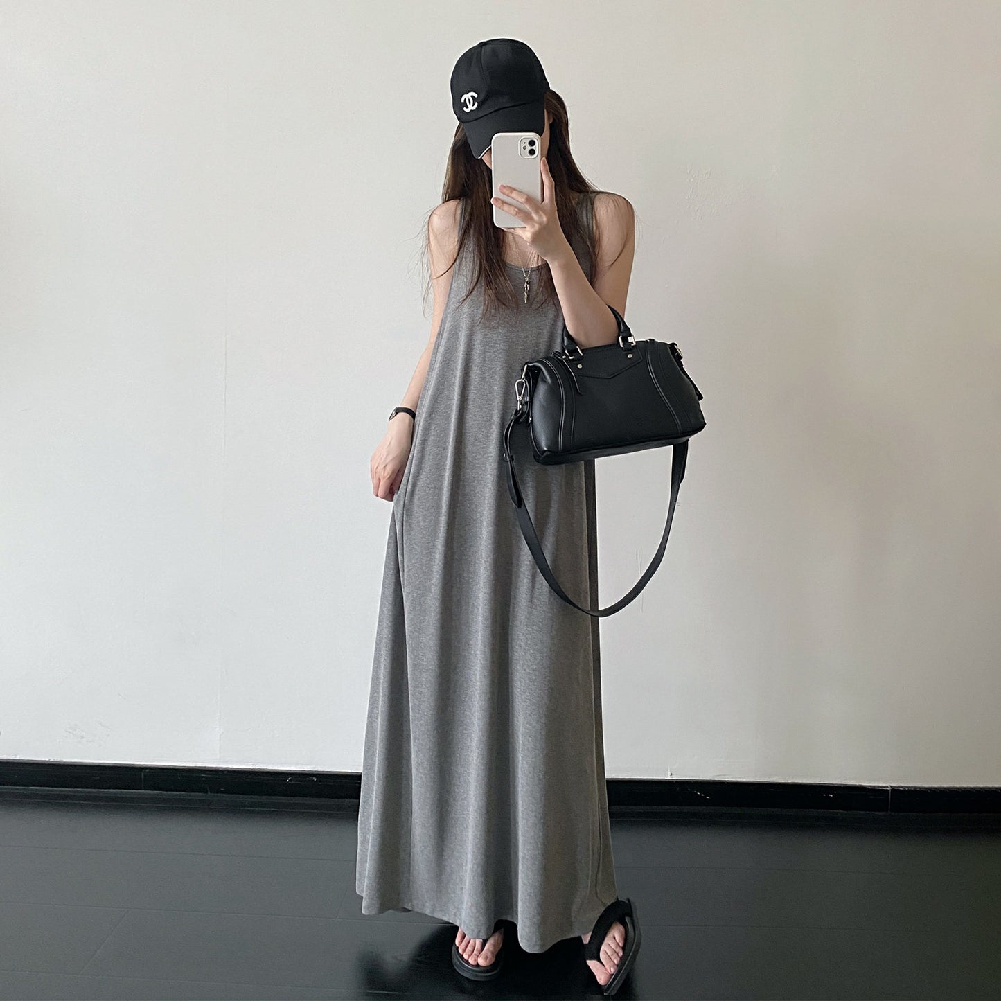 【ワンピース】コットン キャミワンピース 大フレア ゆったりシルエット リラックス ノースリーブ ロングドレス【FCシリーズ】