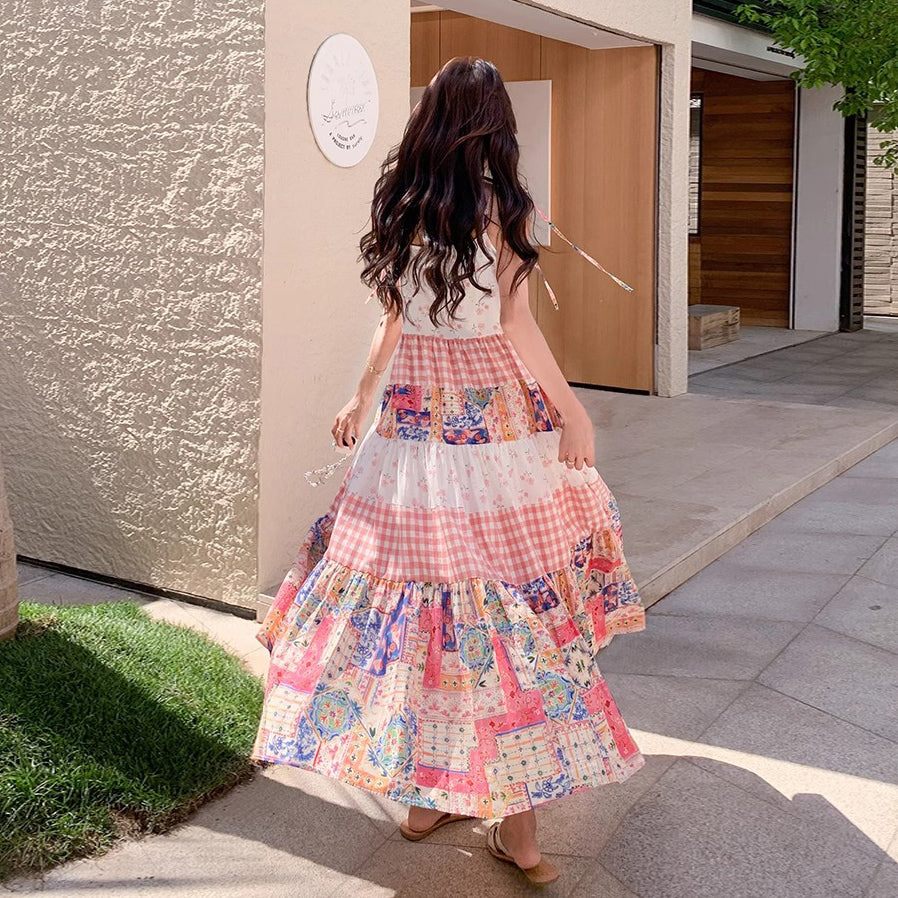 【ワンピース】夏 独特デザイン プリント チェック レースパッチワーク ノースリーブキャミソールワンピース【SHシリーズ】