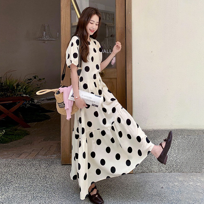 【ワンピース】大きめドット パフスリーブ ワンピース 夏 トレンド感 上品 半袖 マーメイド ロングドレス【SHシリーズ】