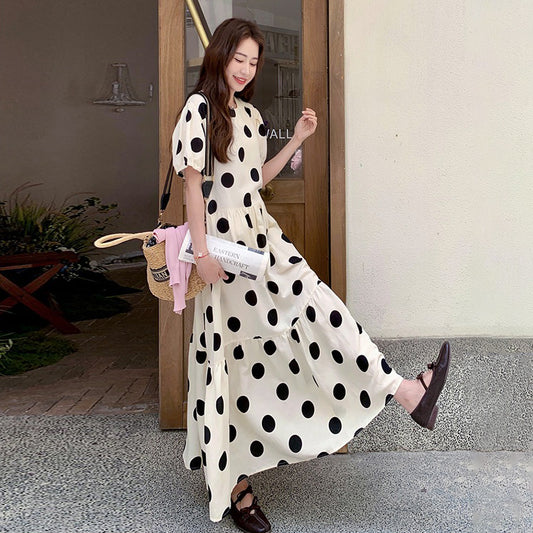 【ワンピース】大きめドット パフスリーブ ワンピース 夏 トレンド感 上品 半袖 マーメイド ロングドレス【SHシリーズ】