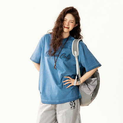 【トップス】アメリカンレトロ ロゴ アップリケ刺繍 Tシャツ レディース 夏 半袖 クルーネック オーバーサイズ ゆったり デザインカットソー【FCシリーズ】