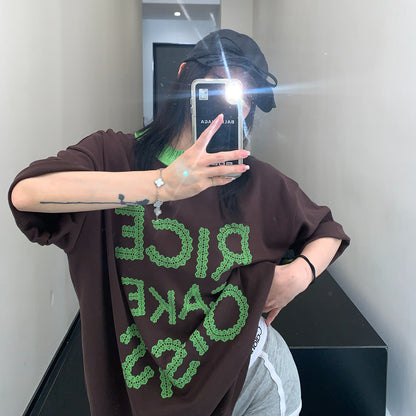 【トップス】リラックス感 小众デザイン 切り替えプリント 半袖Tシャツ【FCシリーズ】