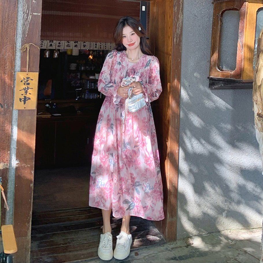 【ワンピース】ロマンチック フレンチ ピンク 小花柄 ワンピース 春夏秋 細見え 若見え 上品 長袖 ドレス【SHシリーズ】