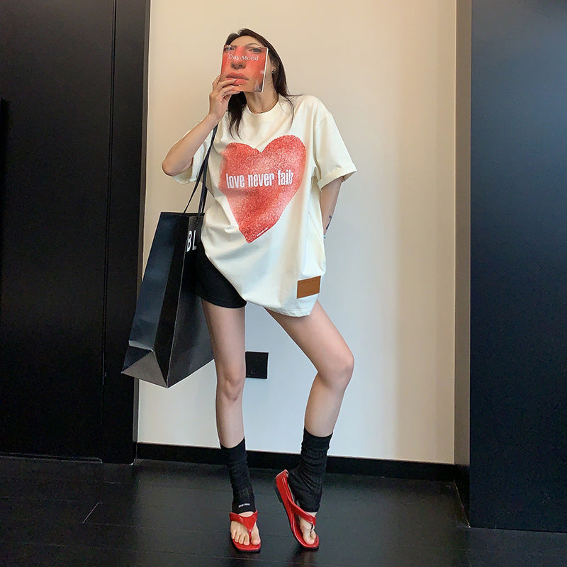 【トップス】古着風 ラブハートデザインTシャツ 綿100％ レディース オーバーサイズ 夏 半袖【FCシリーズ】