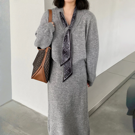 【セットアップ】春 秋 冬 スカーフ付き プルオーバー ニット+ ニットスカート 2点上下セット 【JZシリーズ】