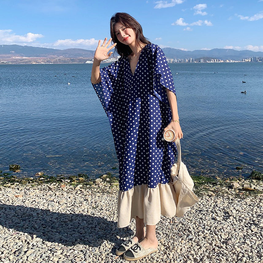 【ワンピース】高級感 ドット柄 シフォン 半袖ワンピース 超人気 おしゃれでリラックス感たっぷり リゾートロングドレス【SHシリーズ】