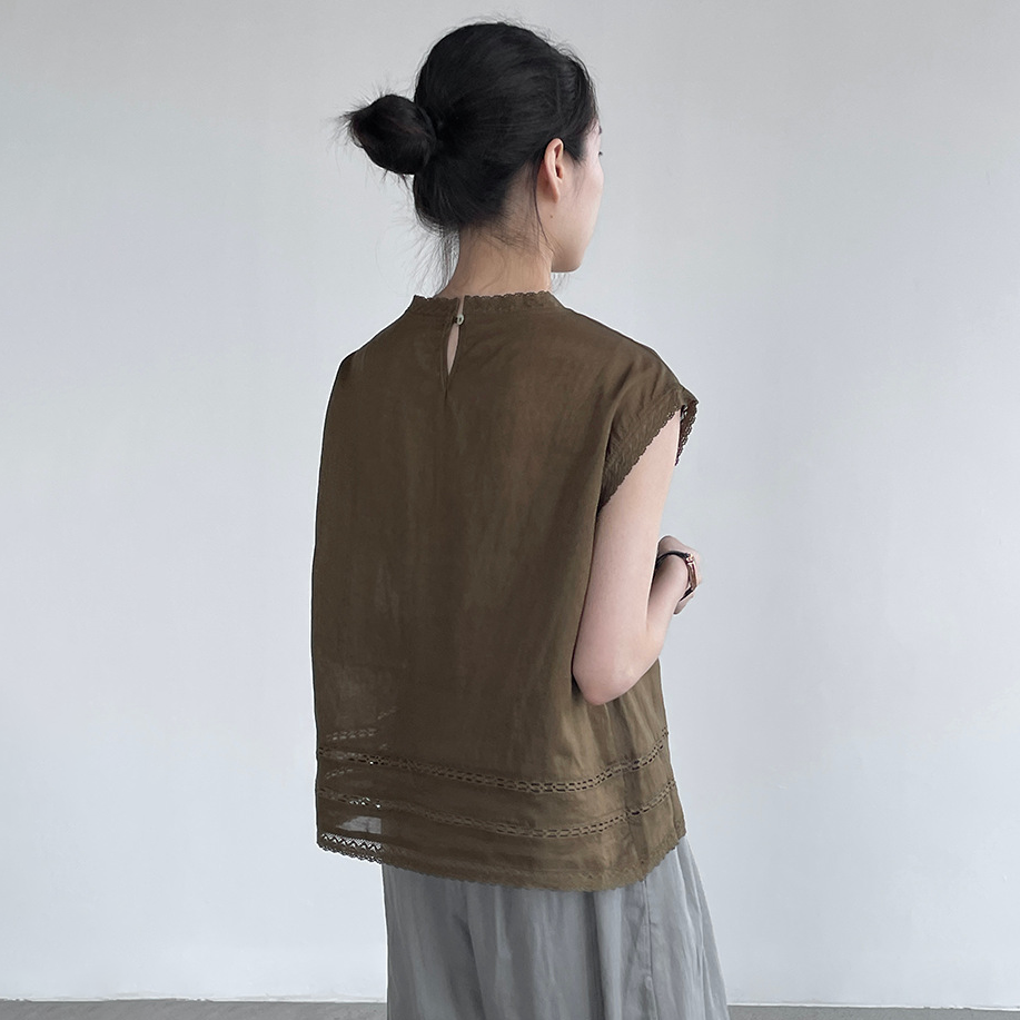 【トップス】ノースリーブブラウス レディース レース切替 ラミー 刺繍 クルーネック ゆったり 夏新作【JZシリーズ】