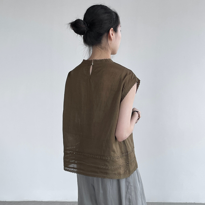 【トップス】ノースリーブブラウス レディース レース切替 ラミー 刺繍 クルーネック ゆったり 夏新作【JZシリーズ】