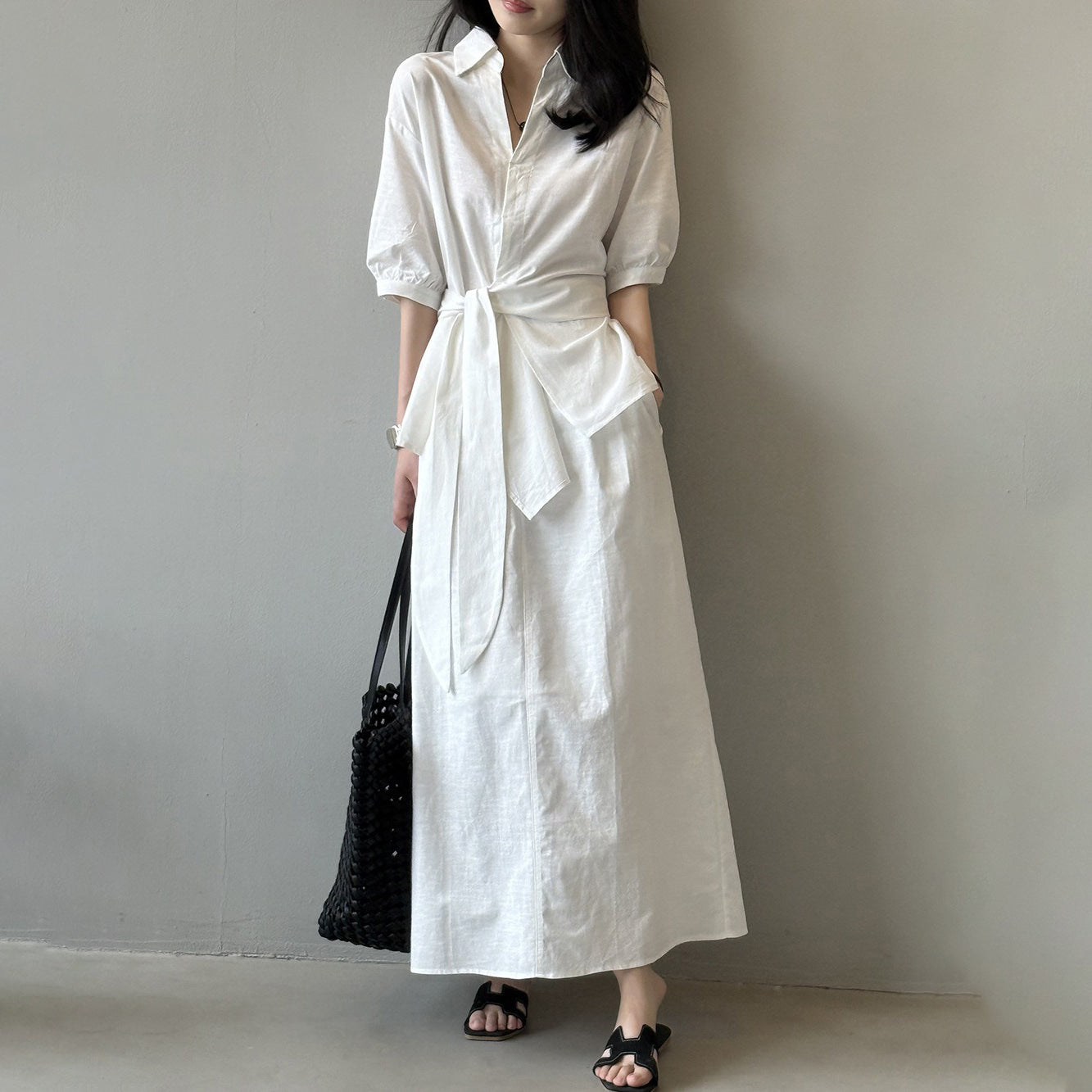 【セットアップ】フレンチエレガンス 麻素材ウエストリボンシャツ＋ミモレ丈スカート 上下セット【JZシリーズ】