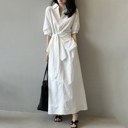 【セットアップ】フレンチエレガンス 麻素材ウエストリボンシャツ＋ミモレ丈スカート 上下セット【JZシリーズ】