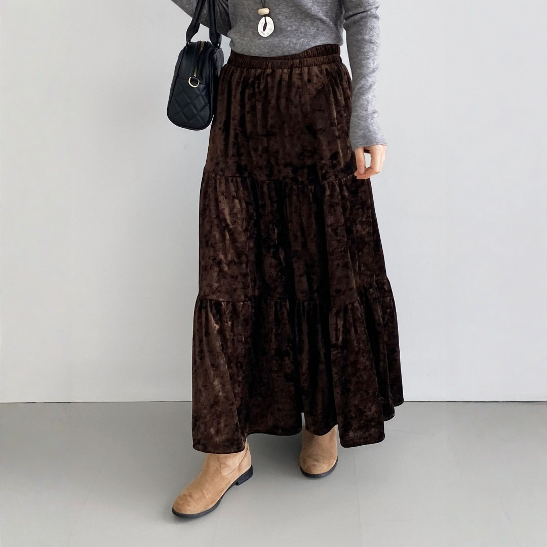 【ボトムス】春 秋 冬 ウエストゴム入り ベルベット素材 フレア スカート  【JZシリーズ】