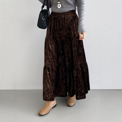 【ボトムス】春 秋 冬 ウエストゴム入り ベルベット素材 フレア スカート  【JZシリーズ】