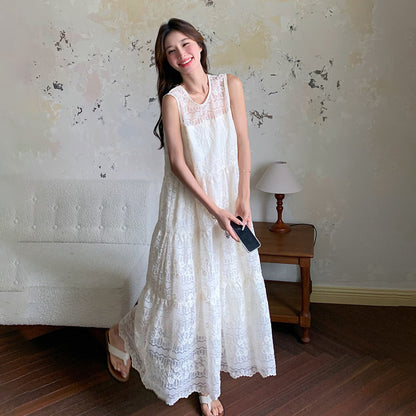 【ワンピース】夏 海辺リゾート風 レース刺繍 ロング丈 気質スタイル ノースリーブワンピース