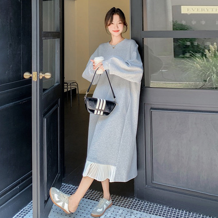 【ワンピース】ゆったり感 リラックス風 バイカラー プリーツ切り替え 長袖ワンピース レディース おしゃれ スウェットワンピース【JZシリーズ】
