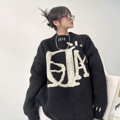 【トップス】レディース 刺繍入りクルーネックニット 厚手 オーバーサイズ 秋冬カジュアル【FCシリーズ】