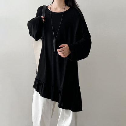 【トップス】韓国風 切替 ドレープ感 フリルデザイン Tシャツ 早春新作 長袖 デザイン感【JZシリーズ】
