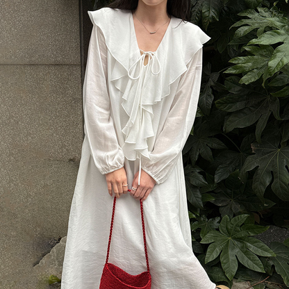 【ワンピース】フレンチシンプル 春新作 レーヨン フリルVネック バルーンスリーブ ラフ感 長袖 ロングワンピース【JZシリーズ】