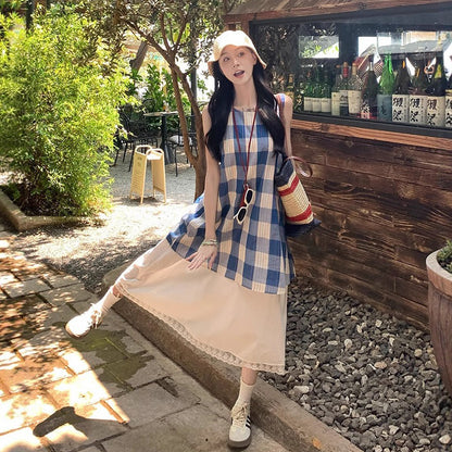 【ワンピース】夏の元気ガール 韓国風シック シンプルなフェイクレイヤード チェック柄ノースリーブワンピース【SHシリーズ】