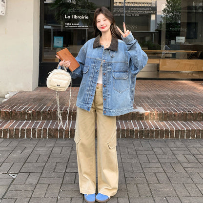 【アウター】韓国風配色コーデュロイカラーデニムジャケット レディース ゆったり ワークジャケット ヴィンテージ 秋コーデ【JZシリーズ】