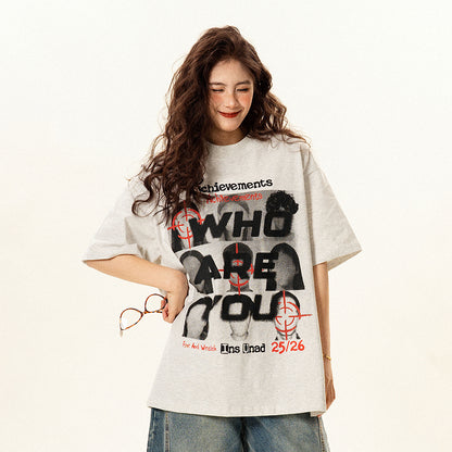 【トップス】アメリカンレトロ 顔プリント 半袖Tシャツ レディース 夏 ゆったり カジュアル ペアコーデ【FCシリーズ】【15〜20日発送】