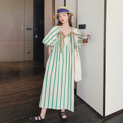 【ワンピース】夏 フレンチデザイン ゆったり ファッションカジュアル ストライプ 半袖ワンピース【SHシリーズ】