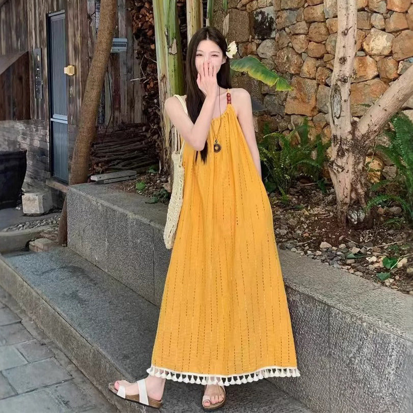 【ワンピース】ビーチリゾート風 エレガントなリラックス感 フリンジ付き ノースリーブワンピース