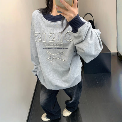 【トップス】春 秋 冬 アップリケ刺繍 配色 クルーネック カートゥーン パーカー【FCシリーズ】