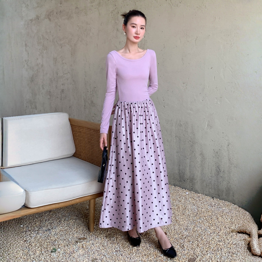 【ワンピース】春 秋 冬 フリルギャザー 切り替え ウエストマーク ベルト 長袖 ワンピース