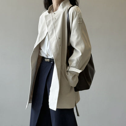 【アウター】ブリティッシュスタイル スタンドカラー トレンチコート レディース 秋 ゆったり カジュアル ベルト付きウエストマーク ショートコート【JZシリーズ】