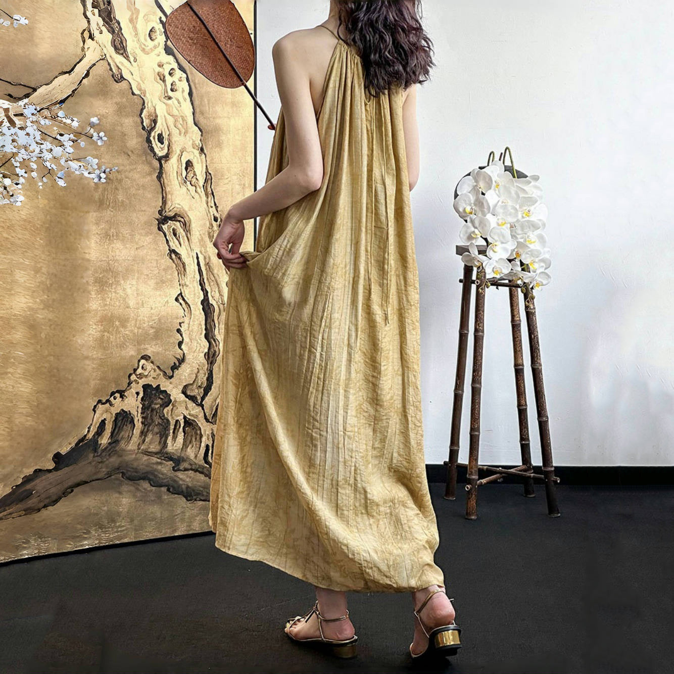 【ワンピース】ニューチャイナ風 ノースリーブ ホルターネック グラデーション ワンピース レディース レトロ テンセル ロングドレス【JZシリーズ】