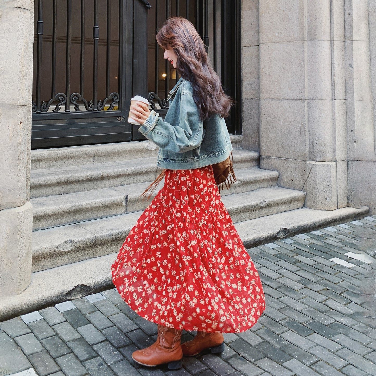 【セットアップ】ボヘミアン風 ウォッシュド加工 デニムジャケット＋ノースリーブワンピース 春秋 フレンチ 花柄 2点セット【SHシリーズ】