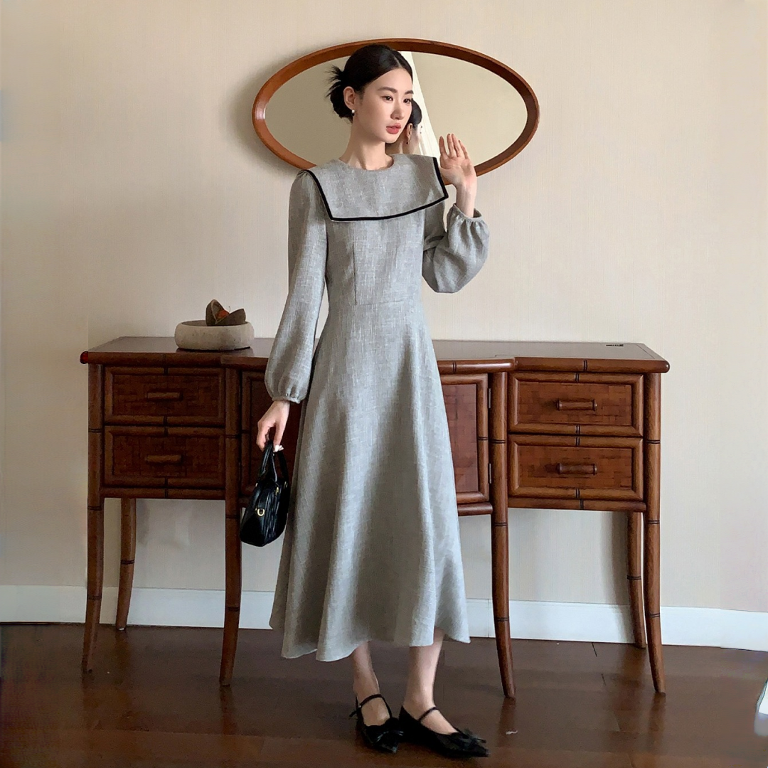 【ワンピース】春 秋 冬 マリン大きめ襟 甘く若見え ウエストシェイプ 長袖 ワンピース 【JZシリーズ】