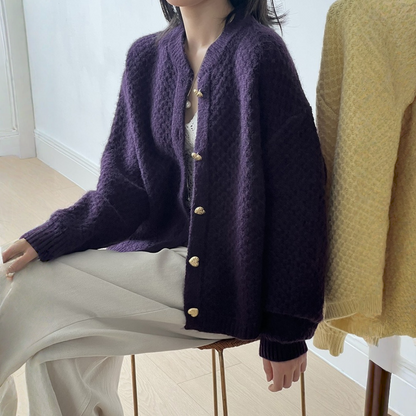 【アウター】パイナップル柄 ハートボタン  クルーネック ニット カーディガン 【JZシリーズ】