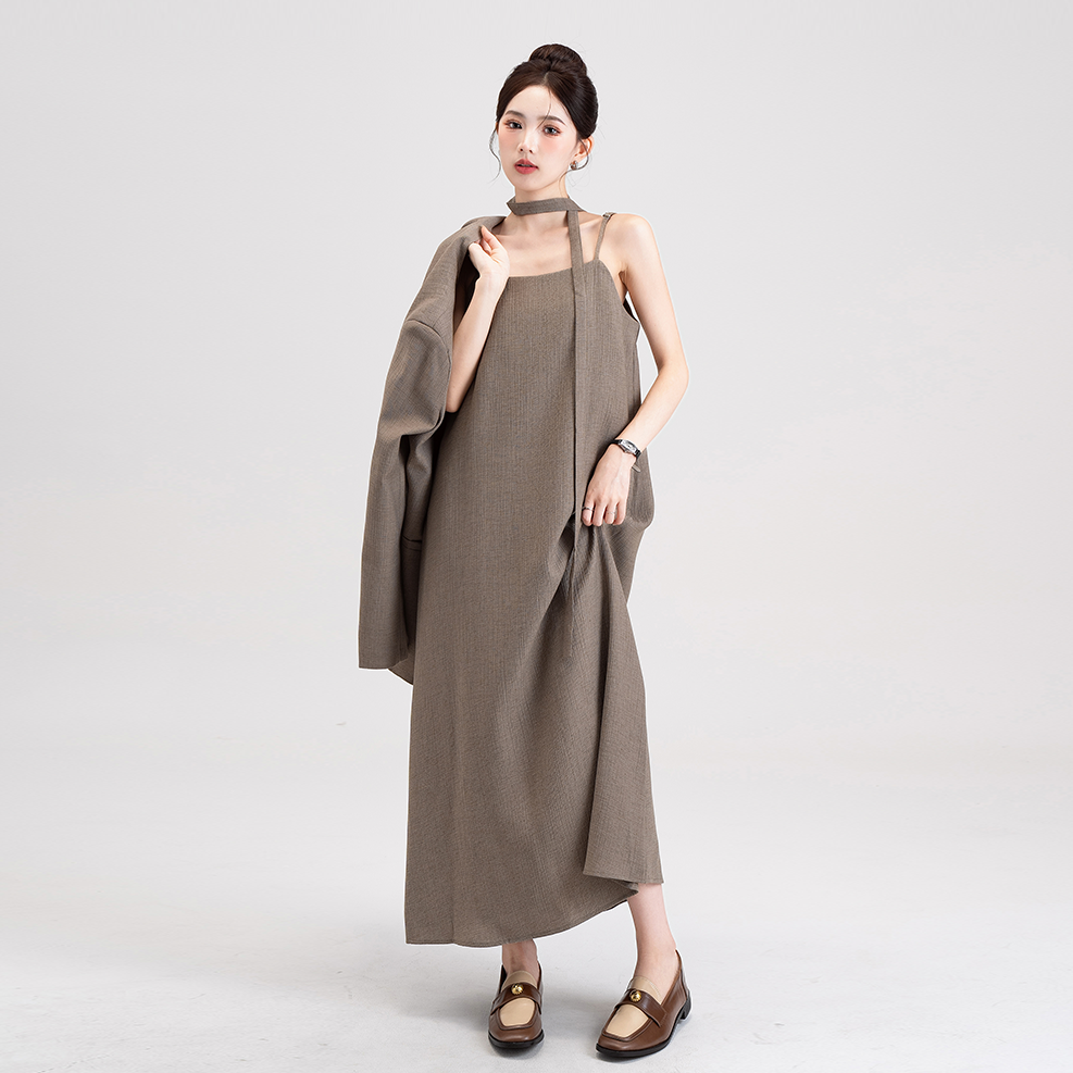 【セットアップ】韓国風 大人女子感 ジャケット＋キャミワンピース セット レディース ウエストベルト付き【シリーズ】